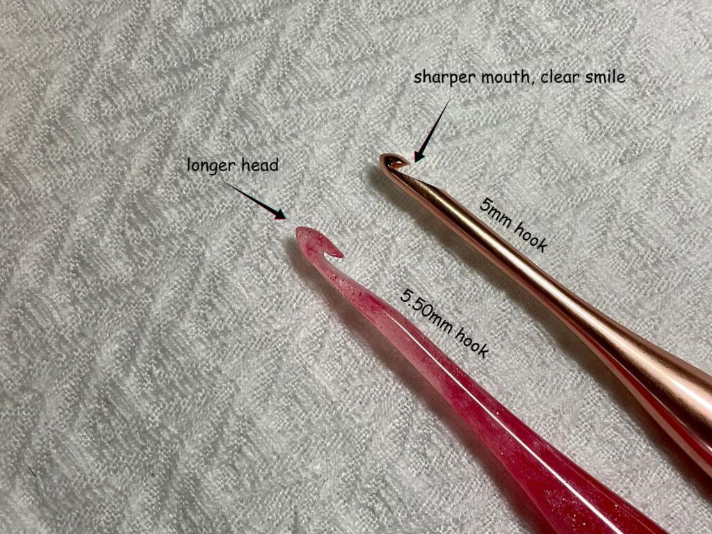 picture of two crochet hooks with text and arrows showcasing parts of a hook photo 2